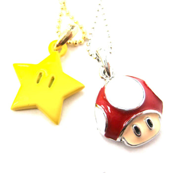 Super Mario Themed Mushroom and Super Star Power Up Pendant Necklace | DOTOLY