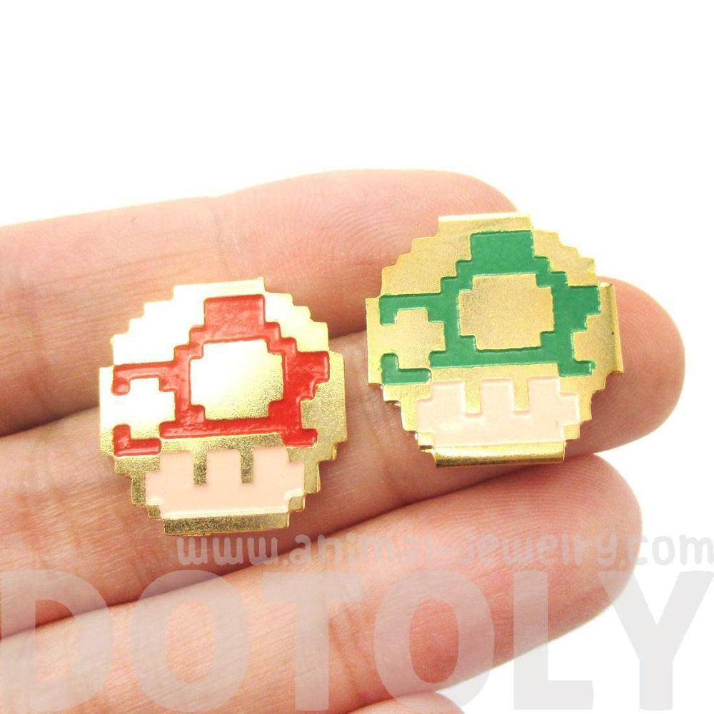 Super Mario Themed Mushroom Powerup Shaped Stud Earrings in Red and Green | Limited Edition Jewelry | DOTOLY