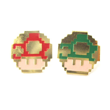 Super Mario Themed Mushroom Powerup Shaped Stud Earrings in Red and Green | Limited Edition Jewelry | DOTOLY