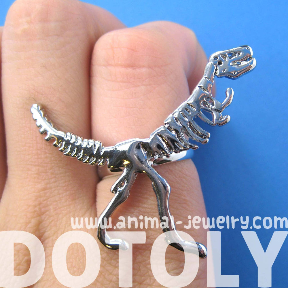 T-Rex Dinosaur Dino Fossil Skeleton Bones Adjustable Ring in Shiny Silver | DOTOLY