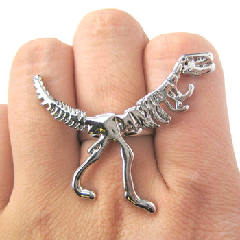 T-Rex Dinosaur Dino Fossil Skeleton Bones Adjustable Ring in Shiny Silver | DOTOLY