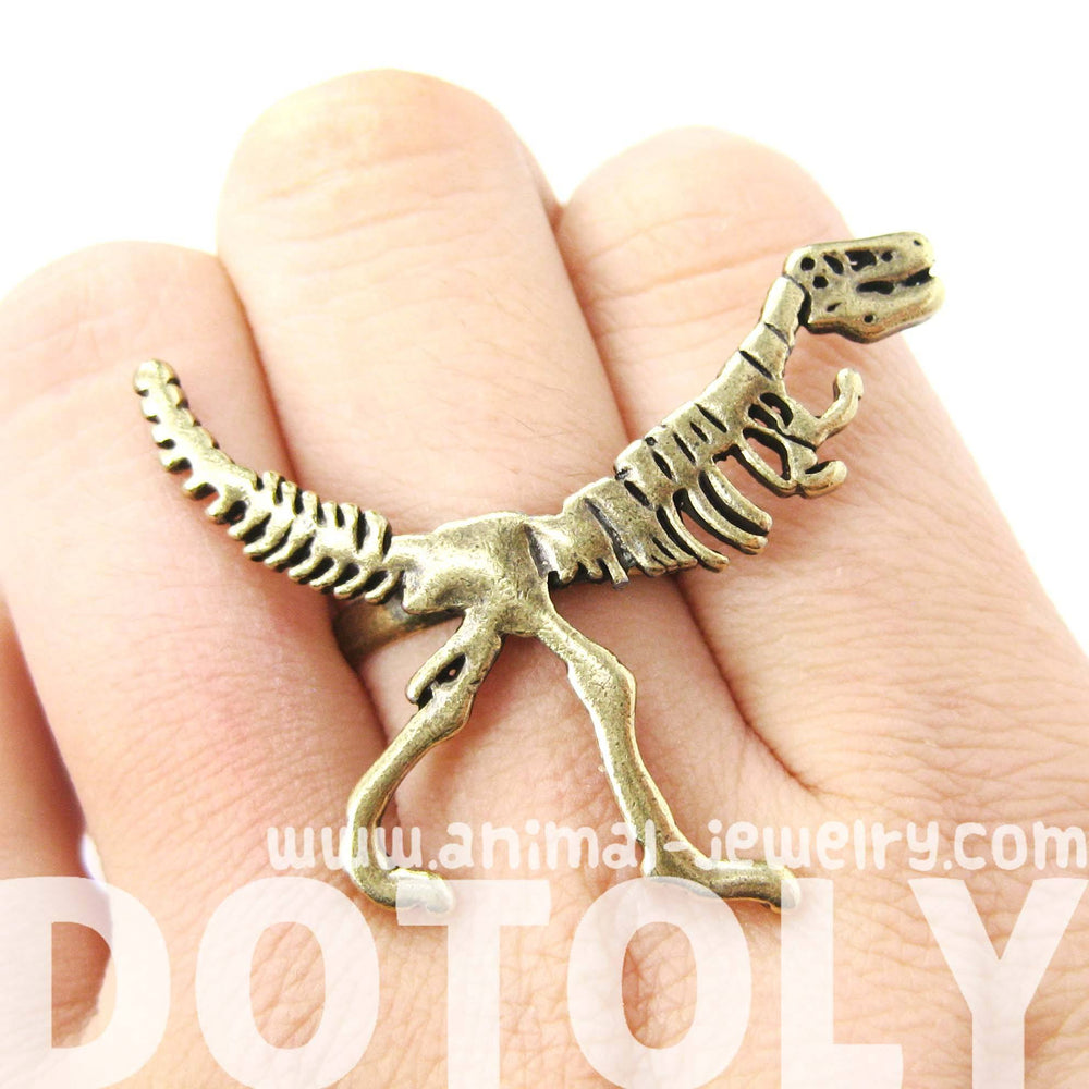 T-Rex Dinosaur Fossil Skeleton Bones Adjustable Ring in Brass | DOTOLY