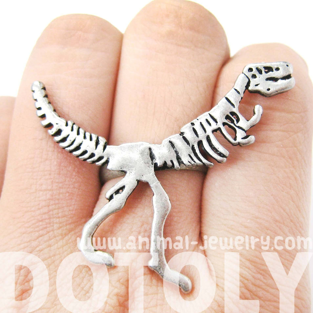 T-Rex Dinosaur Fossil Skeleton Bones Adjustable Ring in Silver | DOTOLY