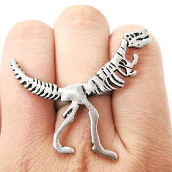 T-Rex Dinosaur Fossil Skeleton Bones Adjustable Ring in Silver | DOTOLY