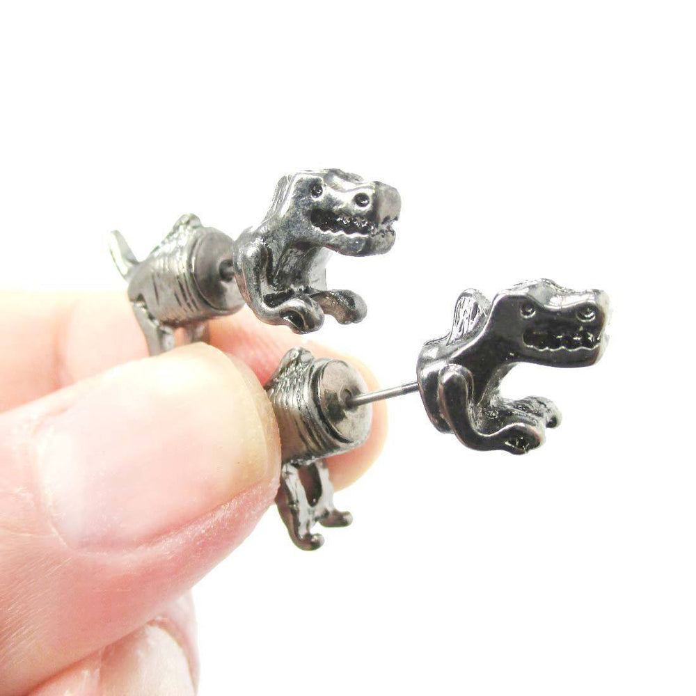 T-Rex Dinosaur Shaped Front and Back Two Part Earrings in Gunmetal Silver | DOTOLY