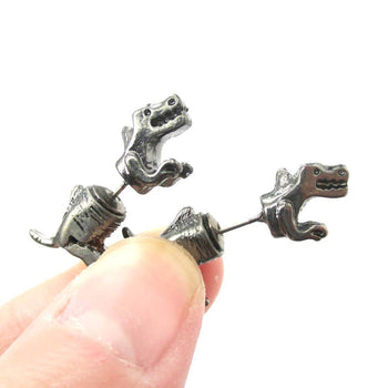 T-Rex Dinosaur Shaped Front and Back Two Part Earrings in Gunmetal Silver | DOTOLY