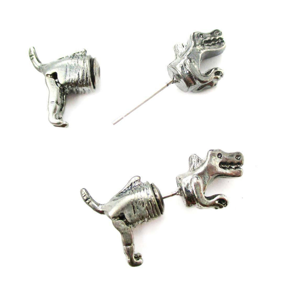 T-Rex Dinosaur Shaped Front and Back Two Part Earrings in Gunmetal Silver | DOTOLY
