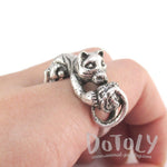 Tabby Cat Playing With a Ball of Yarn Shaped Animal Ring in Silver