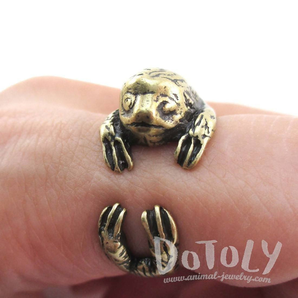 Three Toed Sloth Shaped Animal Hugging Your Finger Ring in Brass