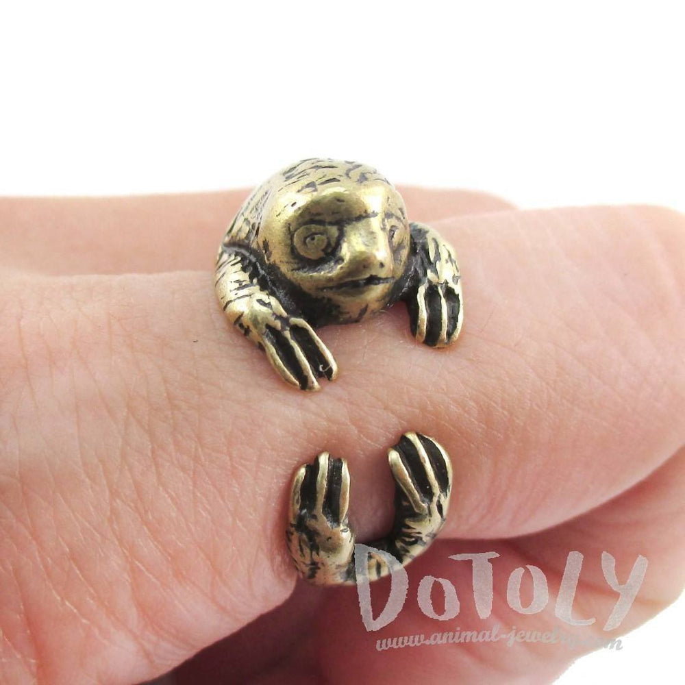 Three Toed Sloth Shaped Animal Hugging Your Finger Ring in Brass