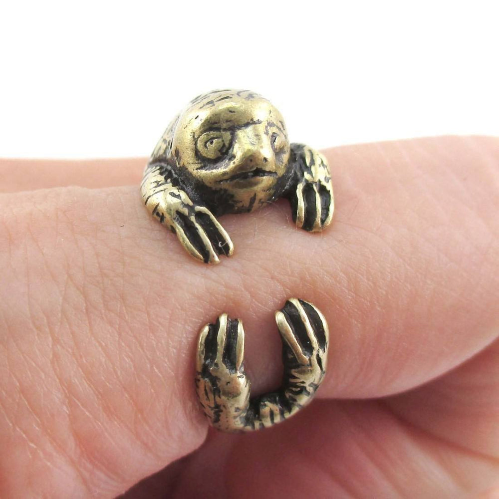 Three Toed Sloth Shaped Animal Hugging Your Finger Ring in Brass