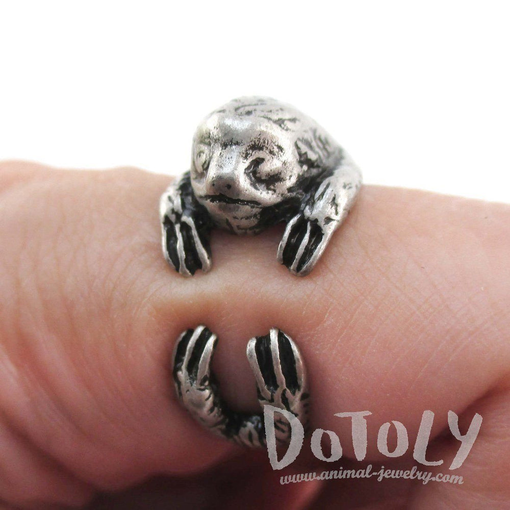 Three Toed Sloth Wrapped Around Your Finger Animal Ring in Silver