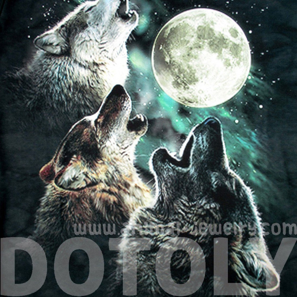 Three Wolves Howling At The Moon Aurora Sky Animal Print Graphic Tee T-Shirt for Women | DOTOLY