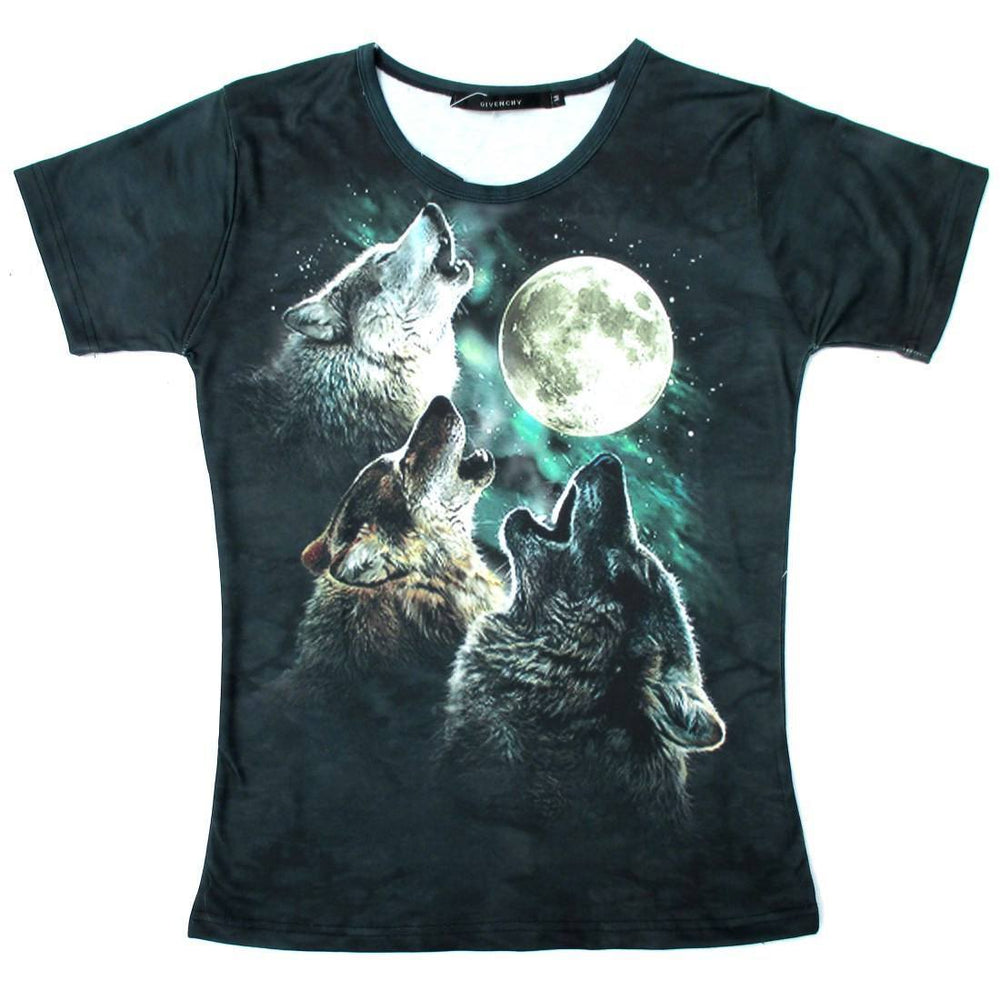 Three Wolves Howling At The Moon Aurora Sky Animal Print Graphic Tee T-Shirt for Women | DOTOLY