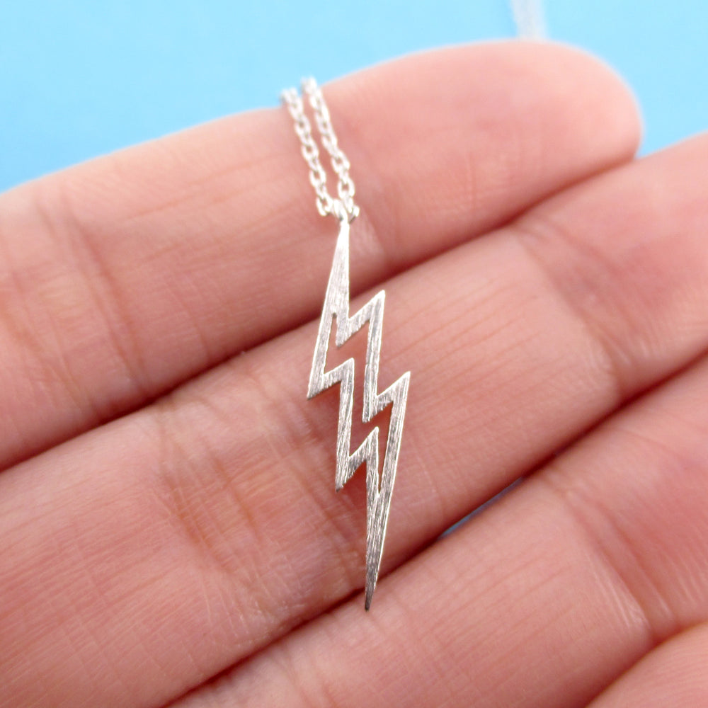 Thunder Lightning Bolts Outline Shaped Pendant Necklace in Silver or Rose Gold