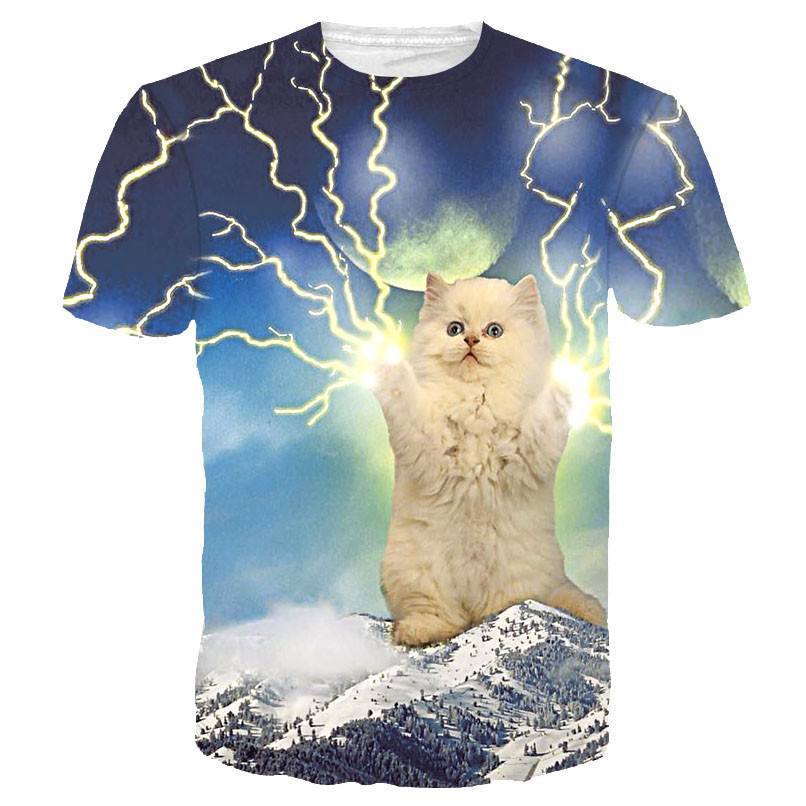 Thundercat Giant White Kitty Cat Playing With Lighting Print Graphic Tee | DOTOLY