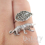 Tiger and Leaf Adjustable Wire Wrap Ring in Silver | Animal Jewelry