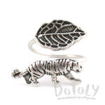 Tiger and Leaf Adjustable Wire Wrap Ring in Silver | Animal Jewelry