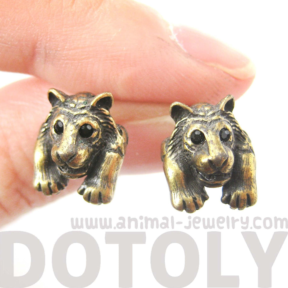 Tiger Realistic Animal Stud Earrings in Brass | Animal Jewelry | DOTOLY