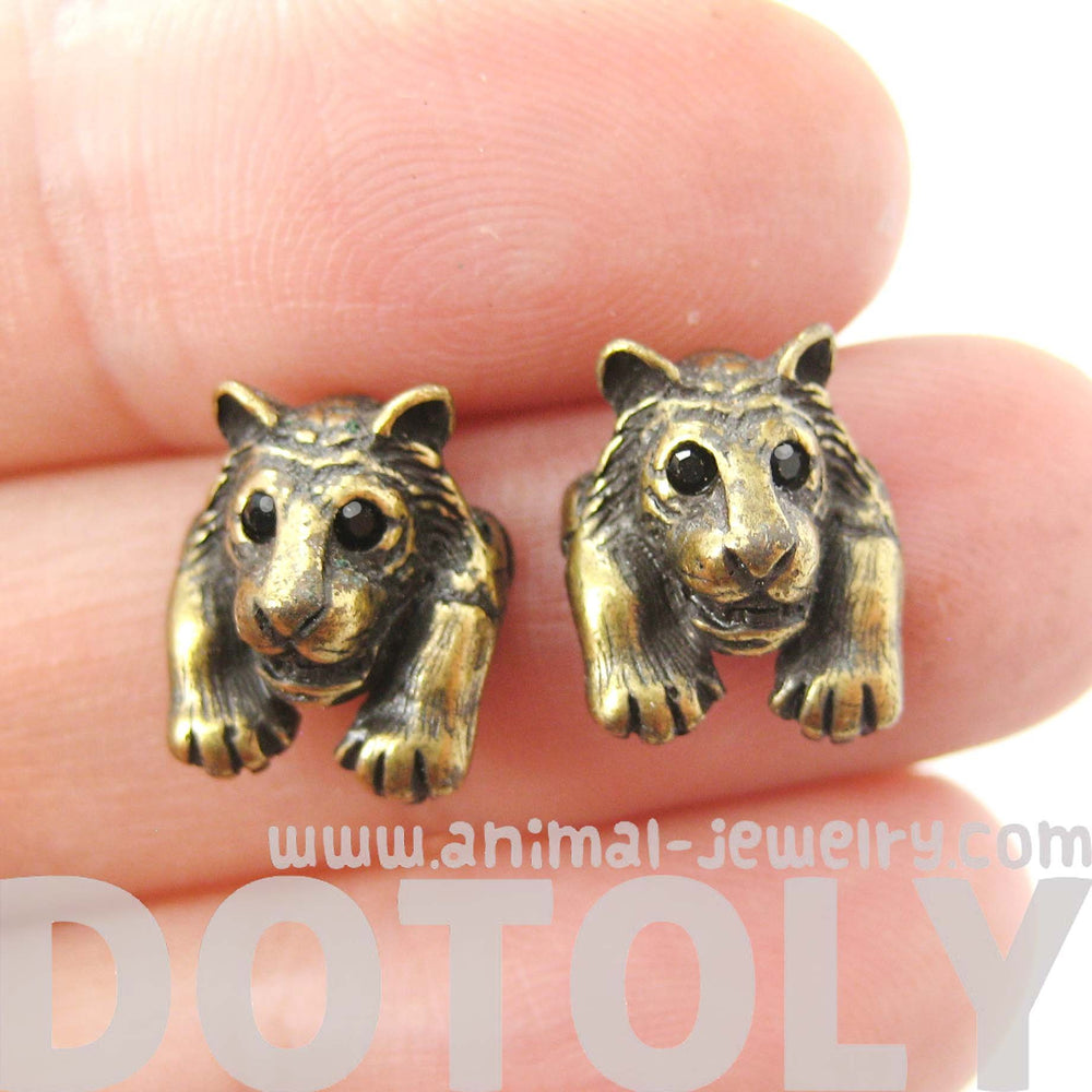 Tiger Realistic Animal Stud Earrings in Brass | Animal Jewelry | DOTOLY