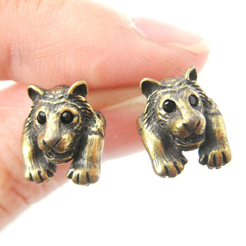 Tiger Realistic Animal Stud Earrings in Brass | Animal Jewelry | DOTOLY