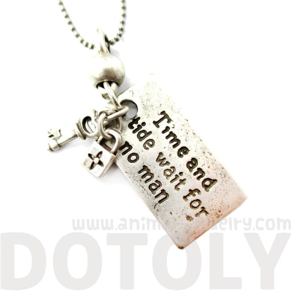 Time and Tide Wait For No Man Quote Shaped Pendant Necklace in Silver | DOTOLY