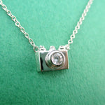Tiny 3D Camera Shaped Rhinestone Lens Pendant Necklace in Silver