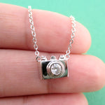 Tiny 3D Camera Shaped Rhinestone Lens Pendant Necklace in Silver