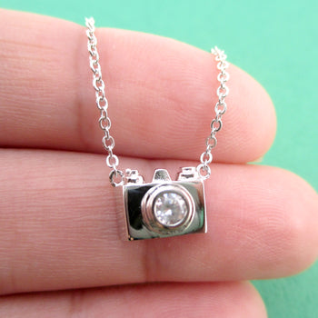 Tiny 3D Camera Shaped Rhinestone Lens Pendant Necklace in Silver