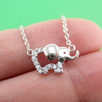Baby Elephant Outline Shaped Rhinestone Pendant Necklace in Silver