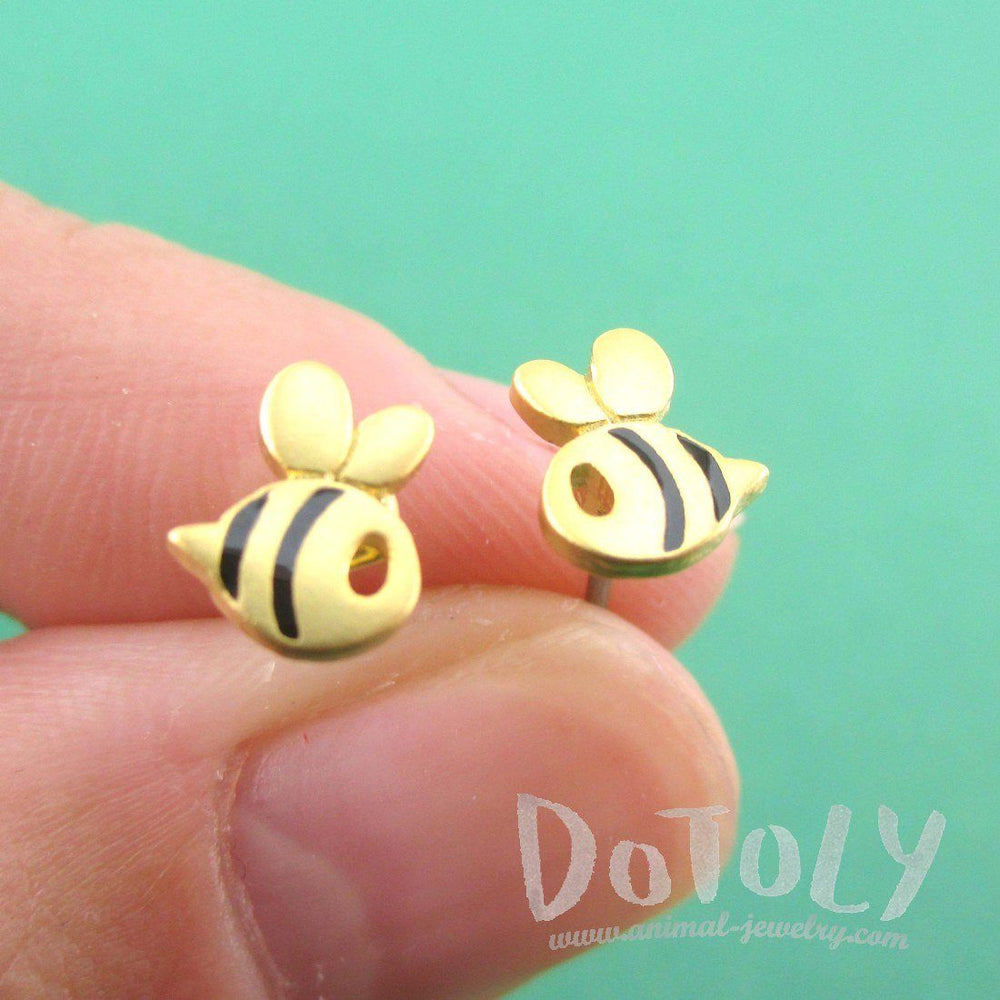 Tiny Bumble Bee Bug Shaped Stud Earrings in Black and Gold | DOTOLY