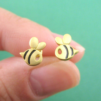 Tiny Bumble Bee Bug Shaped Stud Earrings in Black and Gold | DOTOLY