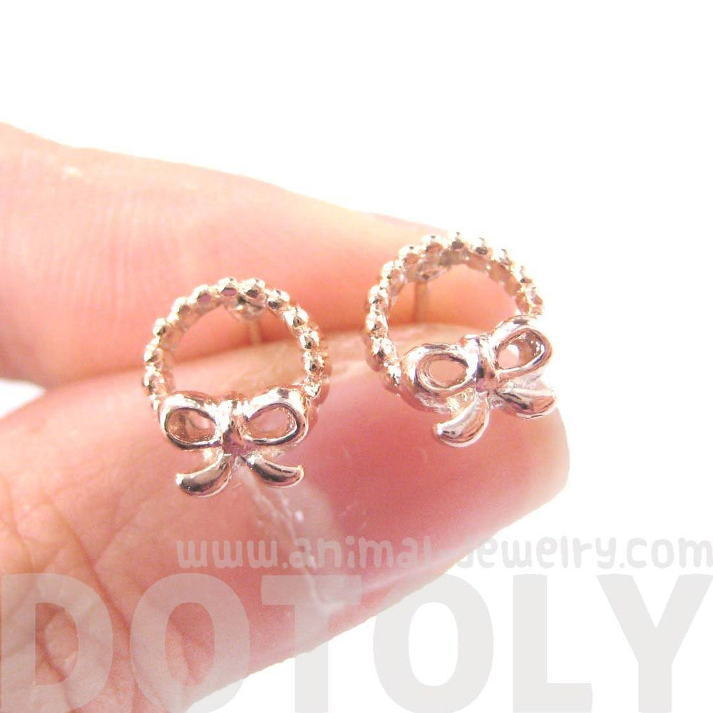 Tiny Classic Round Wreath and Bow Tie Shaped Stud Earrings in Rose Gold | DOTOLY