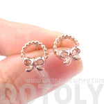 Tiny Classic Round Wreath and Bow Tie Shaped Stud Earrings in Rose Gold | DOTOLY