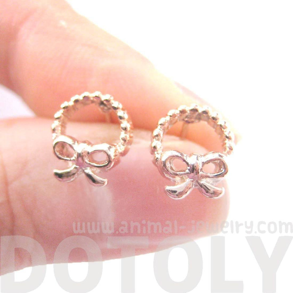 Tiny Classic Round Wreath and Bow Tie Shaped Stud Earrings in Rose Gold | DOTOLY