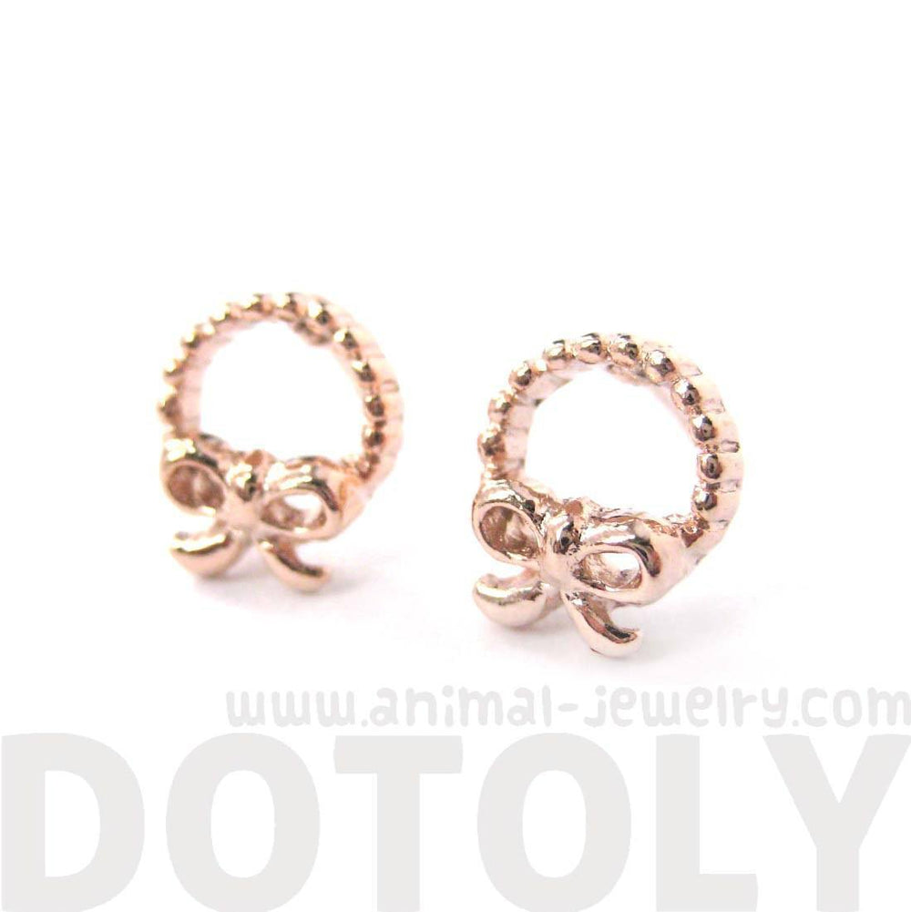 Tiny Classic Round Wreath and Bow Tie Shaped Stud Earrings in Rose Gold | DOTOLY