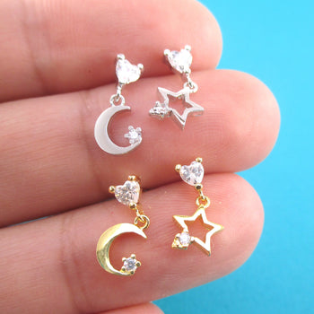 Crescent Moon and Stars Shaped Dangle Stud Earrings in Gold or Silver