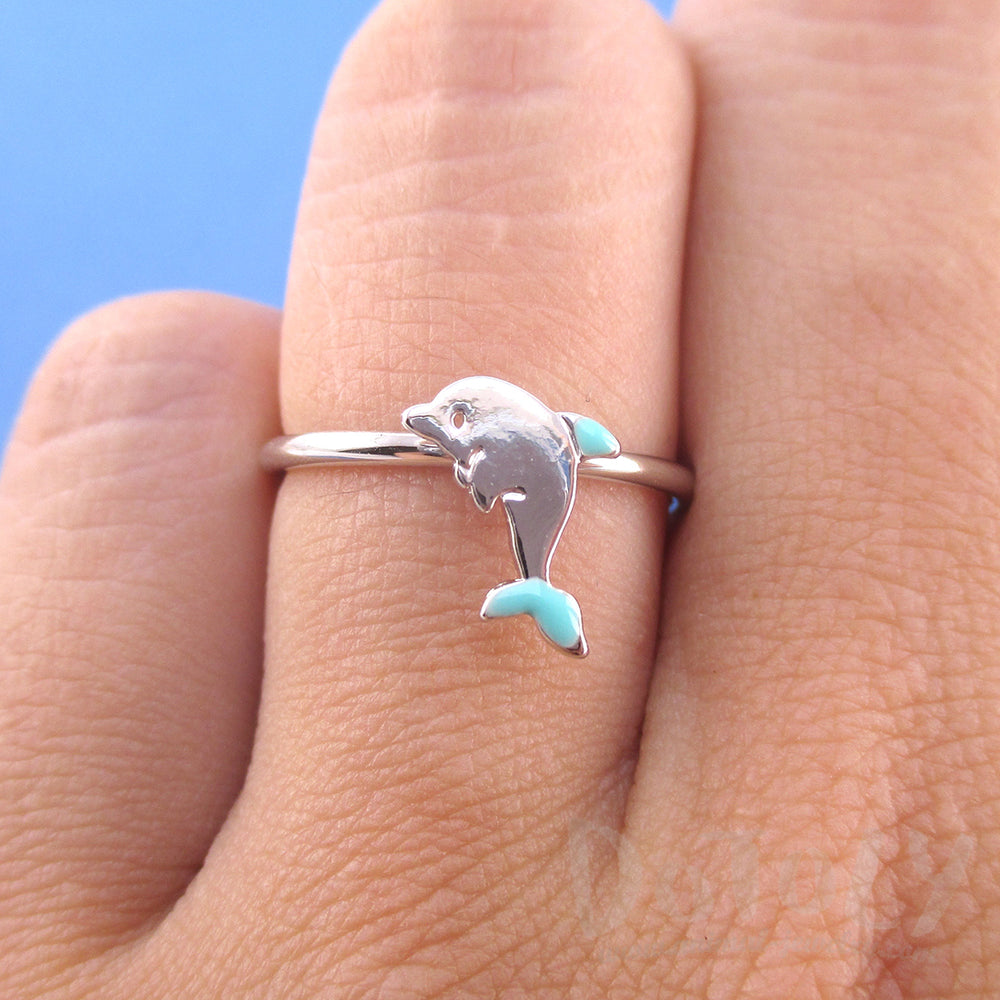 Tiny Dolphin Shaped Sea Creature Themed Adjustable Ring in Silver | DOTOLY