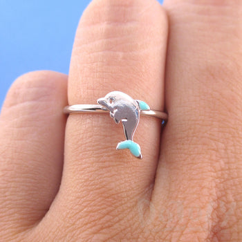Tiny Dolphin Shaped Sea Creature Themed Adjustable Ring in Silver | DOTOLY