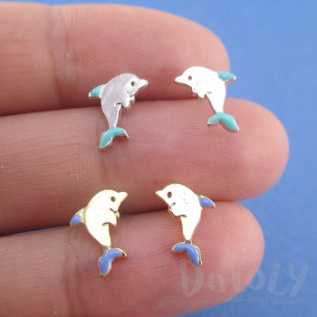 Tiny Dolphin Shaped Sea Creatures Stud Earrings in Silver or Gold