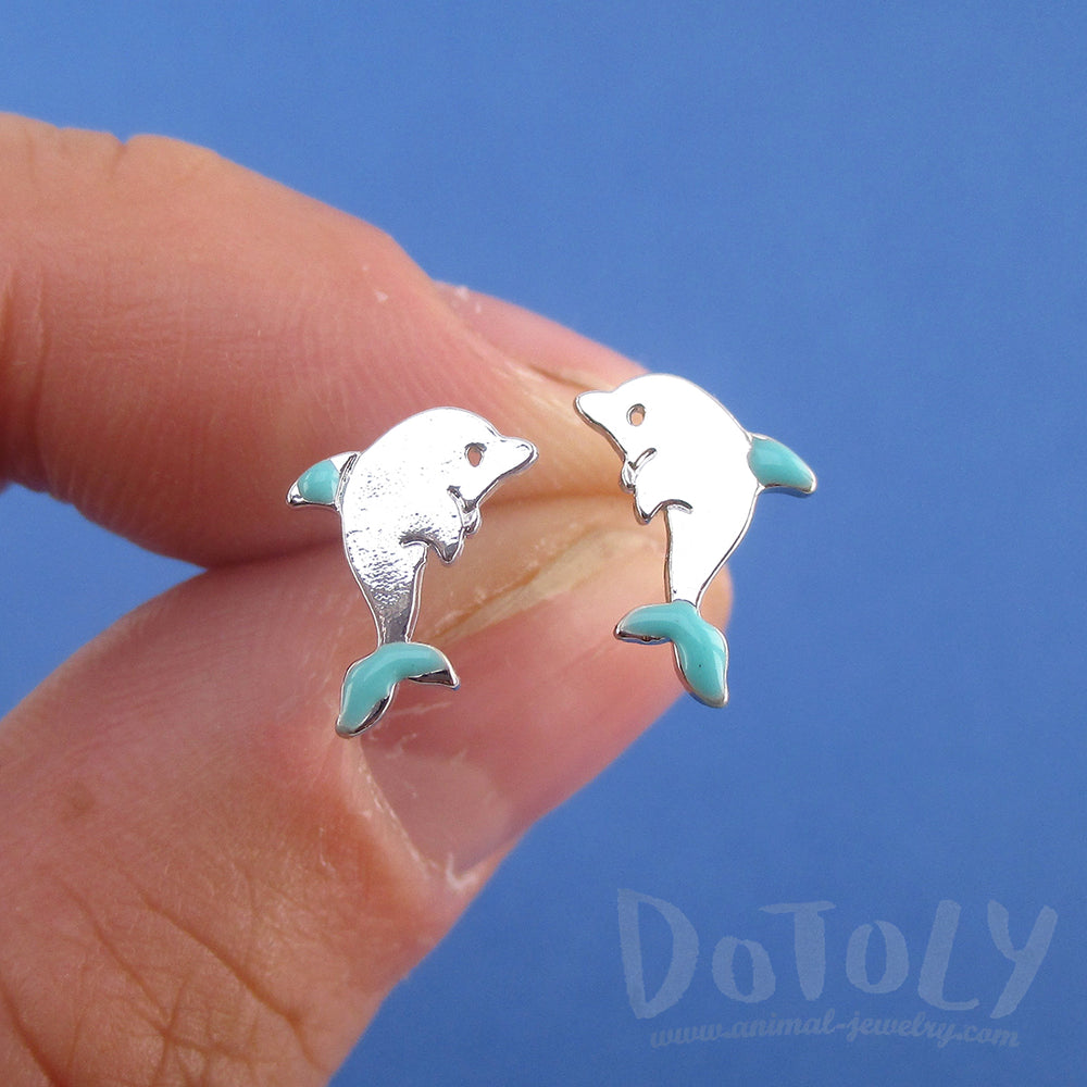 Tiny Dolphin Shaped Sea Creatures Stud Earrings in Silver