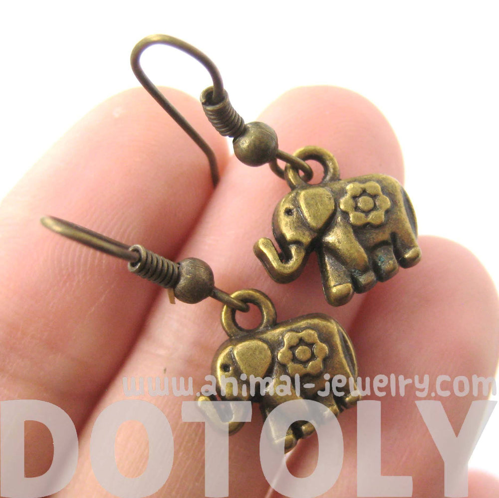 Tiny Elephant Shaped Dangle Earrings in Brass with Floral Detail | DOTOLY | DOTOLY