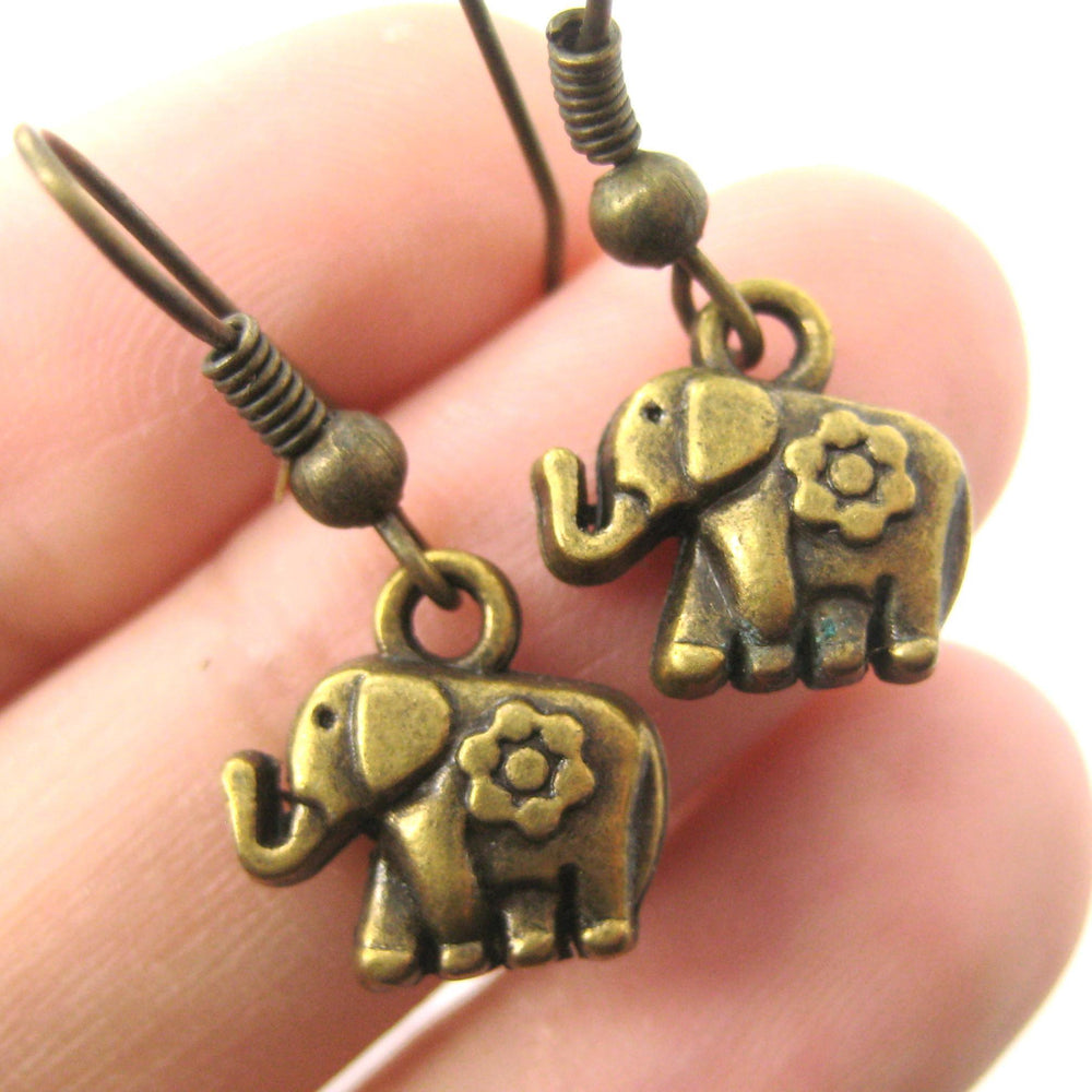 Tiny Elephant Shaped Dangle Earrings in Brass with Floral Detail | DOTOLY | DOTOLY