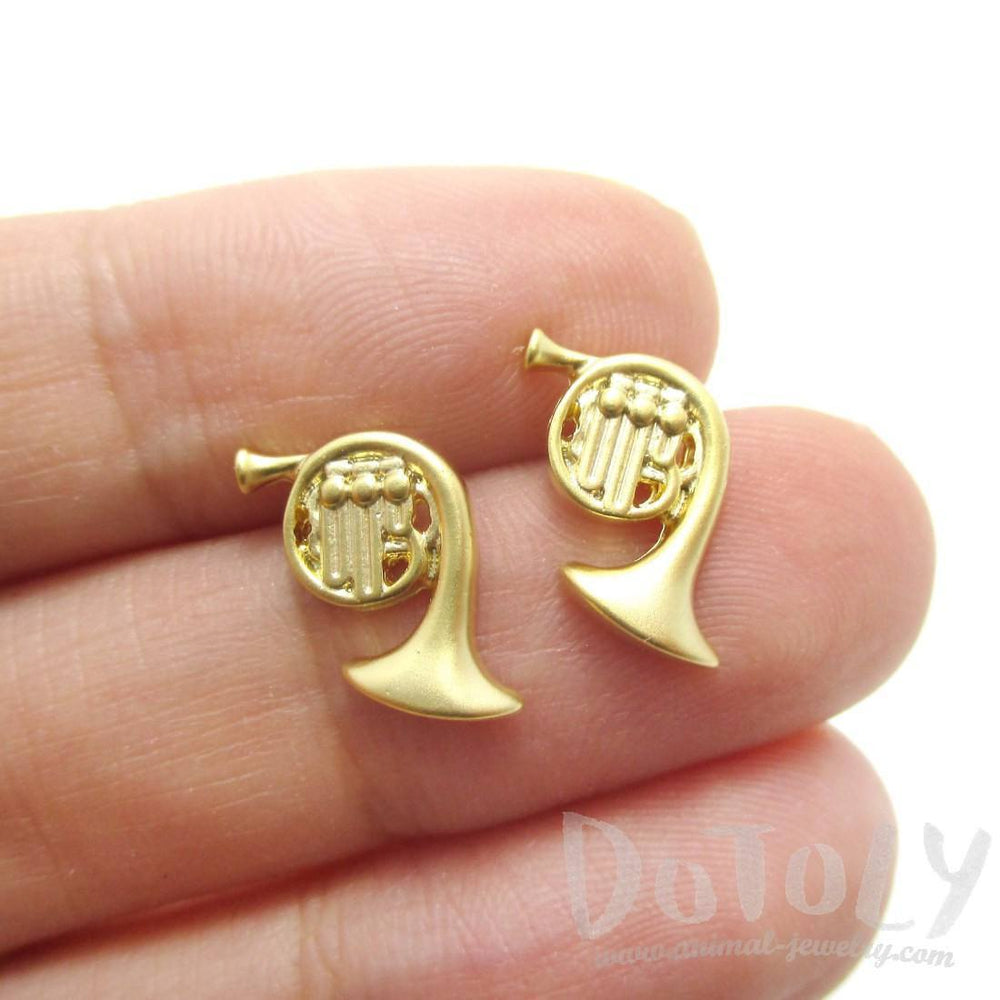 Tiny French Horn Shaped Stud Earrings in Gold | Music Themed Jewelry | DOTOLY