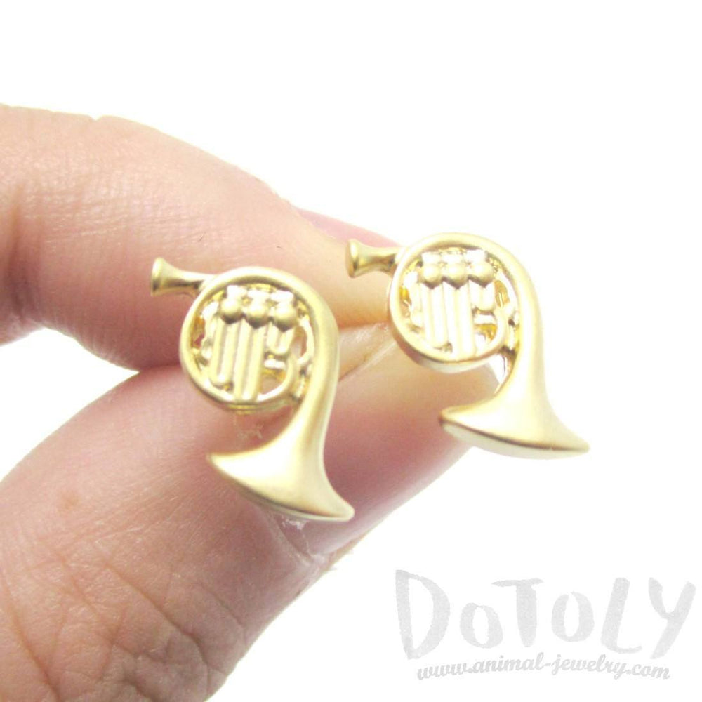 Tiny French Horn Shaped Stud Earrings in Gold | Music Themed Jewelry | DOTOLY