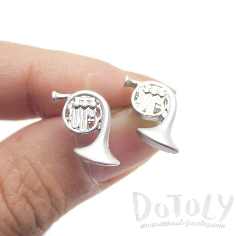 Tiny French Horn Shaped Stud Earrings in Silver | Music Themed Jewelry | DOTOLY