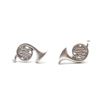 Tiny French Horn Shaped Stud Earrings in Silver | Music Themed Jewelry | DOTOLY