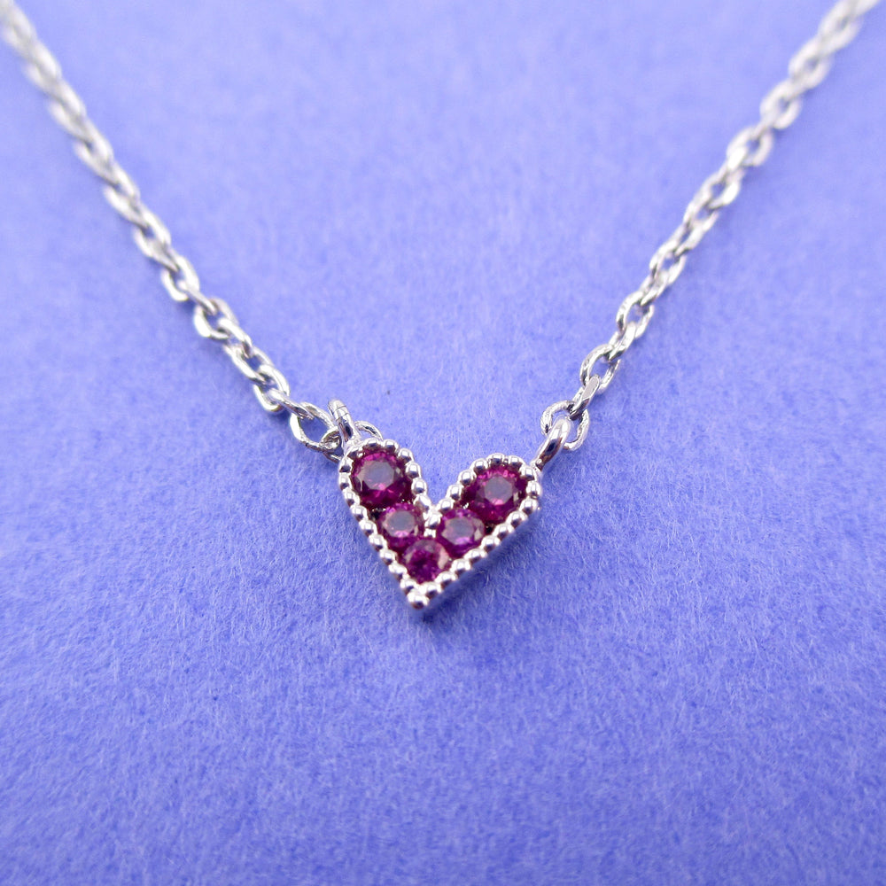 Tiny Little Heart Pendant Necklace in Silver with Pink Rhinestones