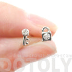 Tiny Lock and Key Shaped Stud Earrings in Silver with Rhinestones | DOTOLY | DOTOLY