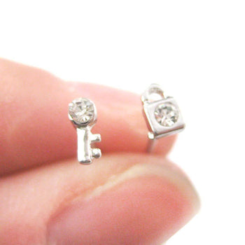 Tiny Lock and Key Shaped Stud Earrings in Silver with Rhinestones | DOTOLY | DOTOLY